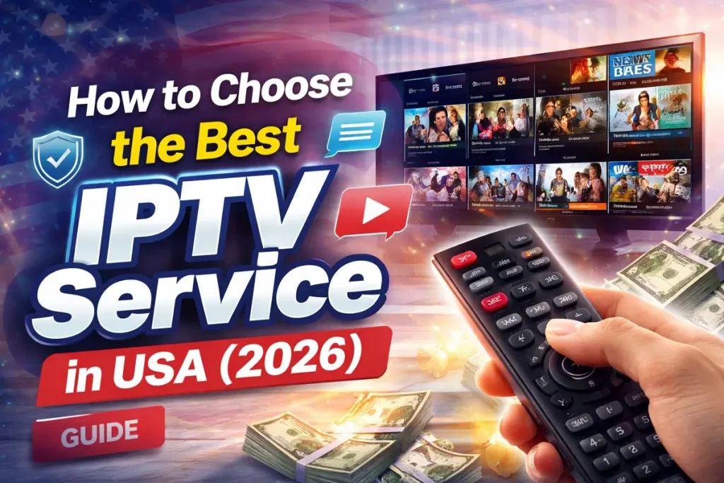 How to choose the best IPTV service in USA (2026) guide showing streaming TV, remote, and channel selection