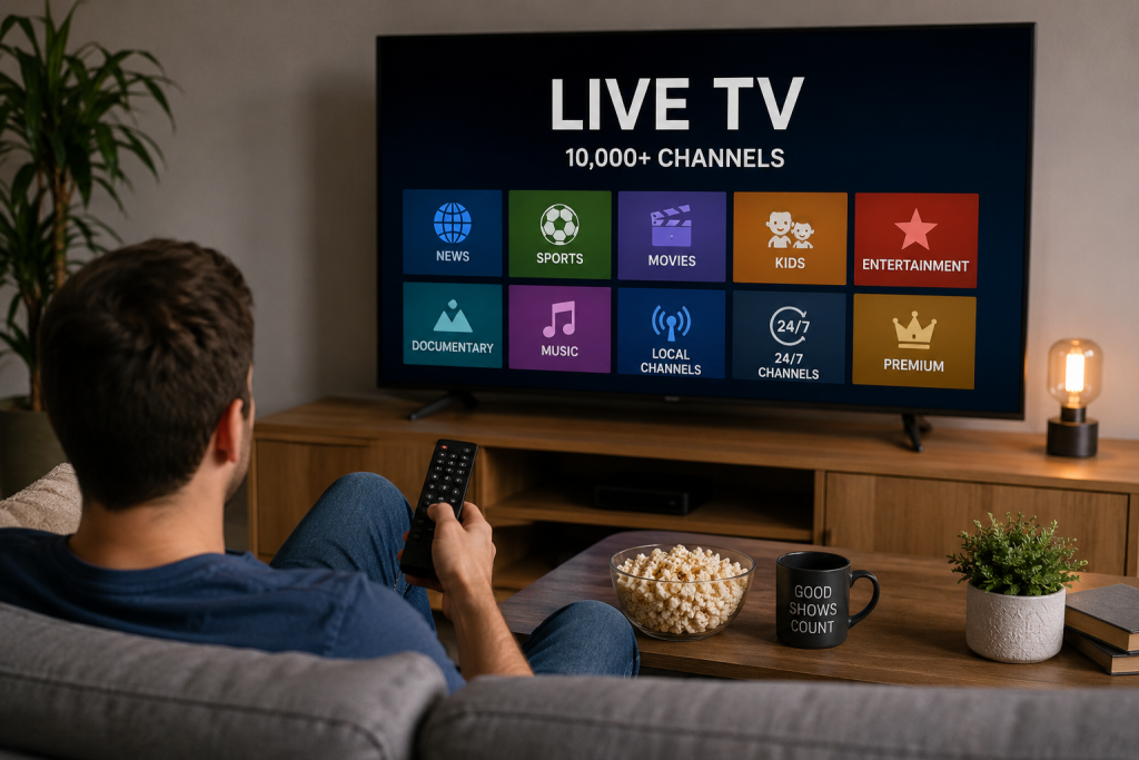 US household watching IPTV channels on a smart TV to determine how many channels viewers actually use regularly.