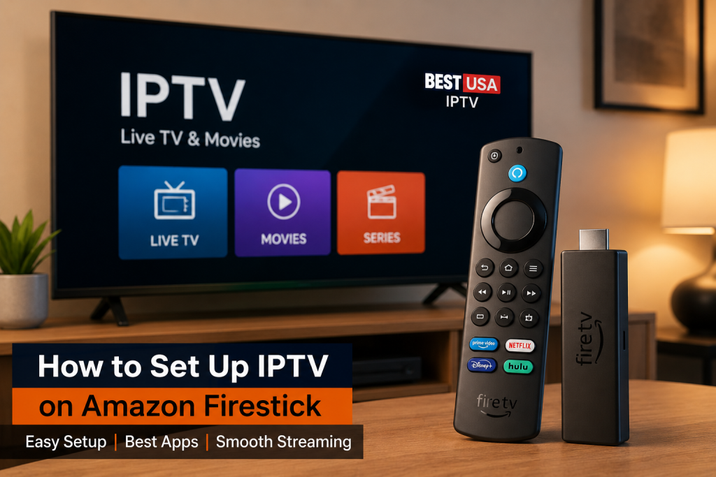 How to set up IPTV on Amazon Firestick with IPTV apps displayed on a smart TV for smooth streaming
